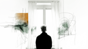 KI Grafik - ein Mensch vor einem Fenster, weitere grafisch-dekorative Elemente links und rechts von ihm