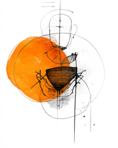 abstrakte KI Grafik - orange, kreisförmige Fläche mit schwarzer Zeichnung