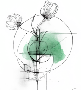 KI Grafik - skizzierte Blumen in einem Kreis mit grünem Farbfeld