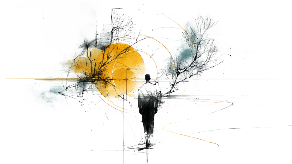 KI Grafik zum Thema Substitution - in schwarz skizzierter Mensch von hinten in abstrakter Landschaft - orangefarbene und graue Farbakzente