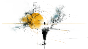 KI Grafik zum Thema Substitution - in schwarz skizzierter Mensch von hinten in abstrakter Landschaft - orangefarbene und graue Farbakzente